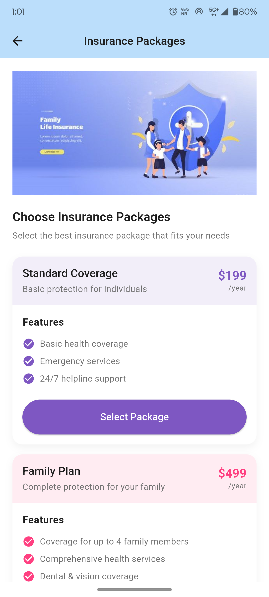 Insurance Packages Screen